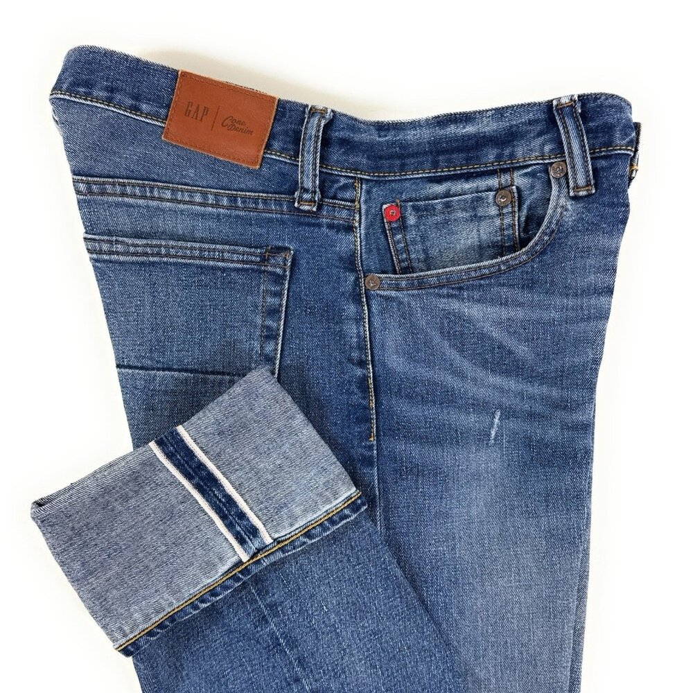Gap Men Jeans Slim Straight Size 29x34 White Oak Cone Selvedge Distressed Denim